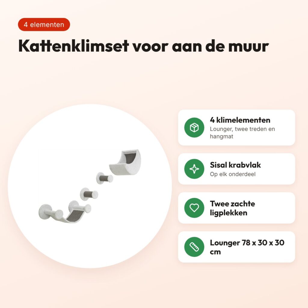 Trixie kattenklimset voor aan de muur wit/grijs – 4 klimelementen – voordelen
