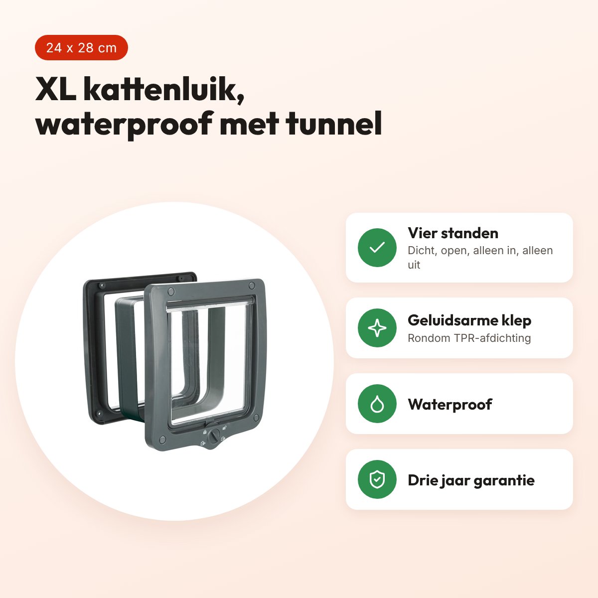 Trixie kattenluik XL 4-weg met tunnel grijs 24 x 28 cm – geluidsarm – voordelen