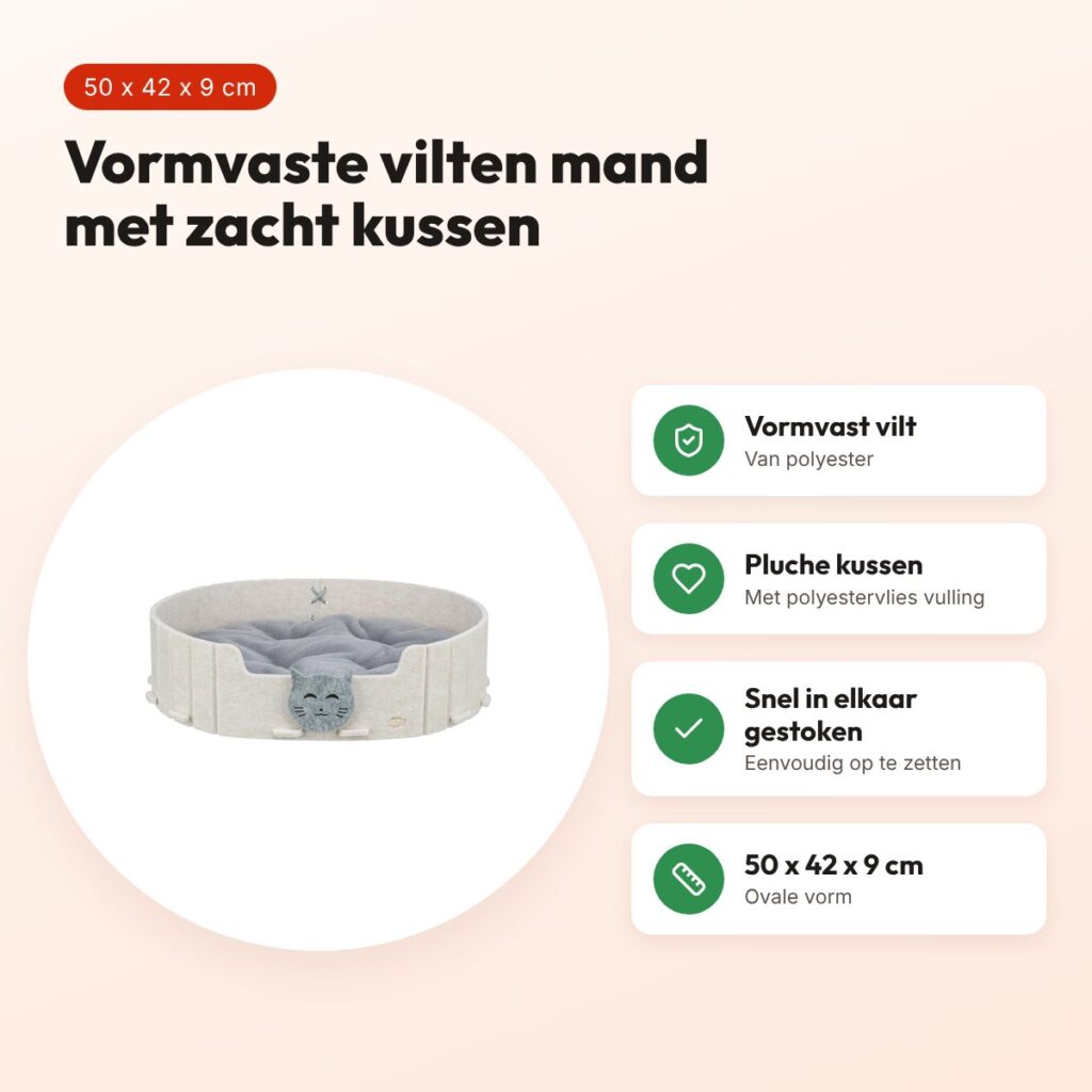 Trixie kattenmand Emelie vilt ovaal zand/grijs 50 x 42 x 9 cm – voordelen