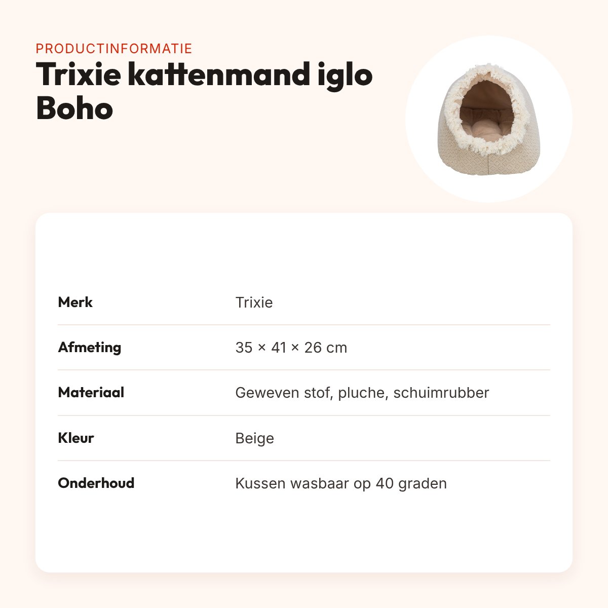 Trixie kattenmand iglo Boho beige 35 x 41 x 26 cm – wendbaar kussen – productinformatie
