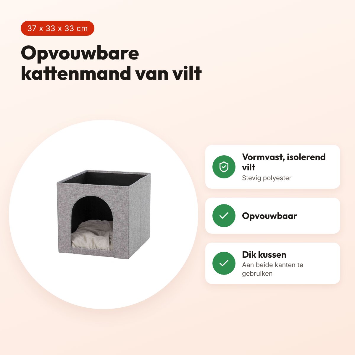 Trixie kattenmand iglo Ella grijs 37 x 33 x 33 cm – opvouwbaar, vilt – voordelen