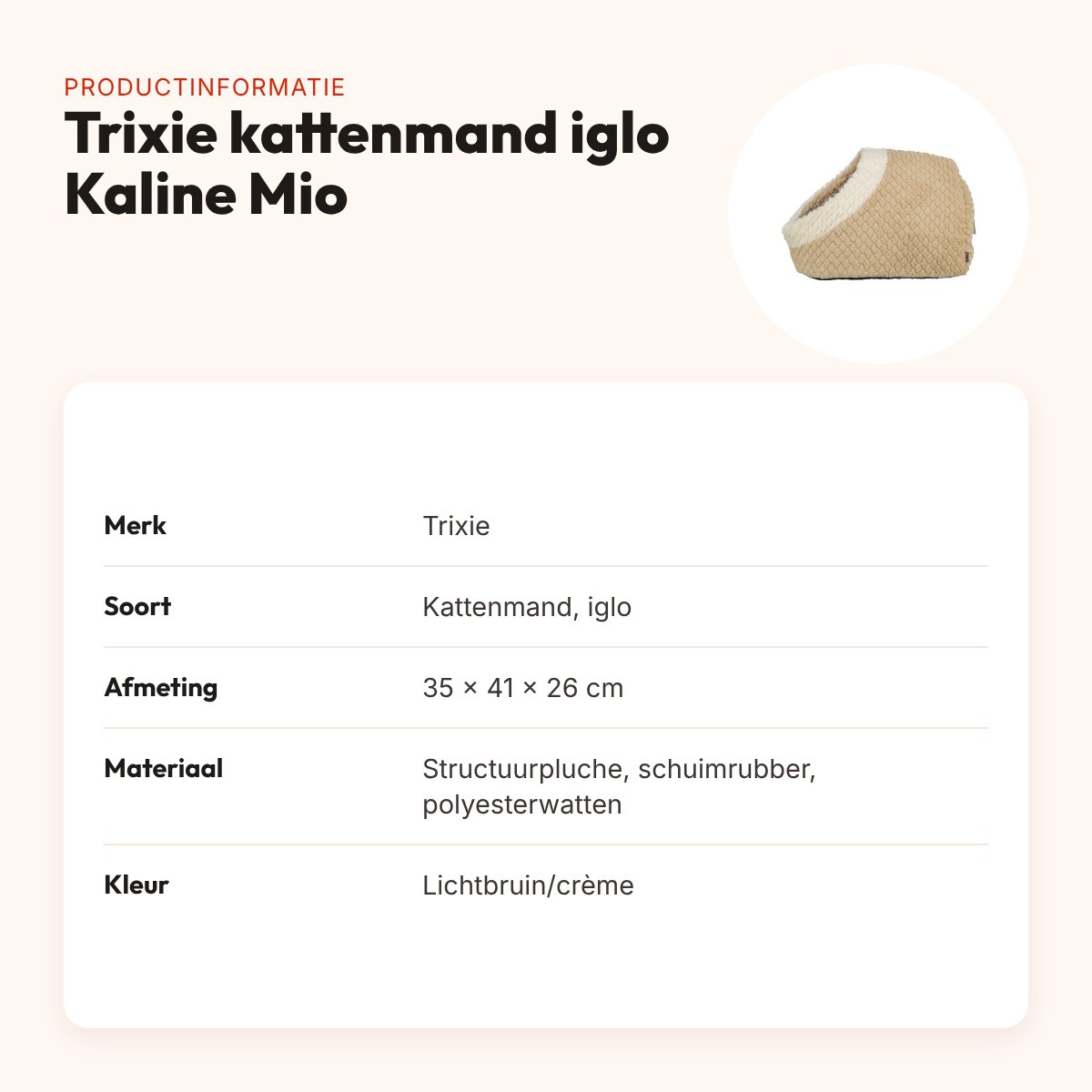Trixie kattenmand iglo Kaline Mio lichtbruin/crème 35 x 41 x 26 cm – productinformatie