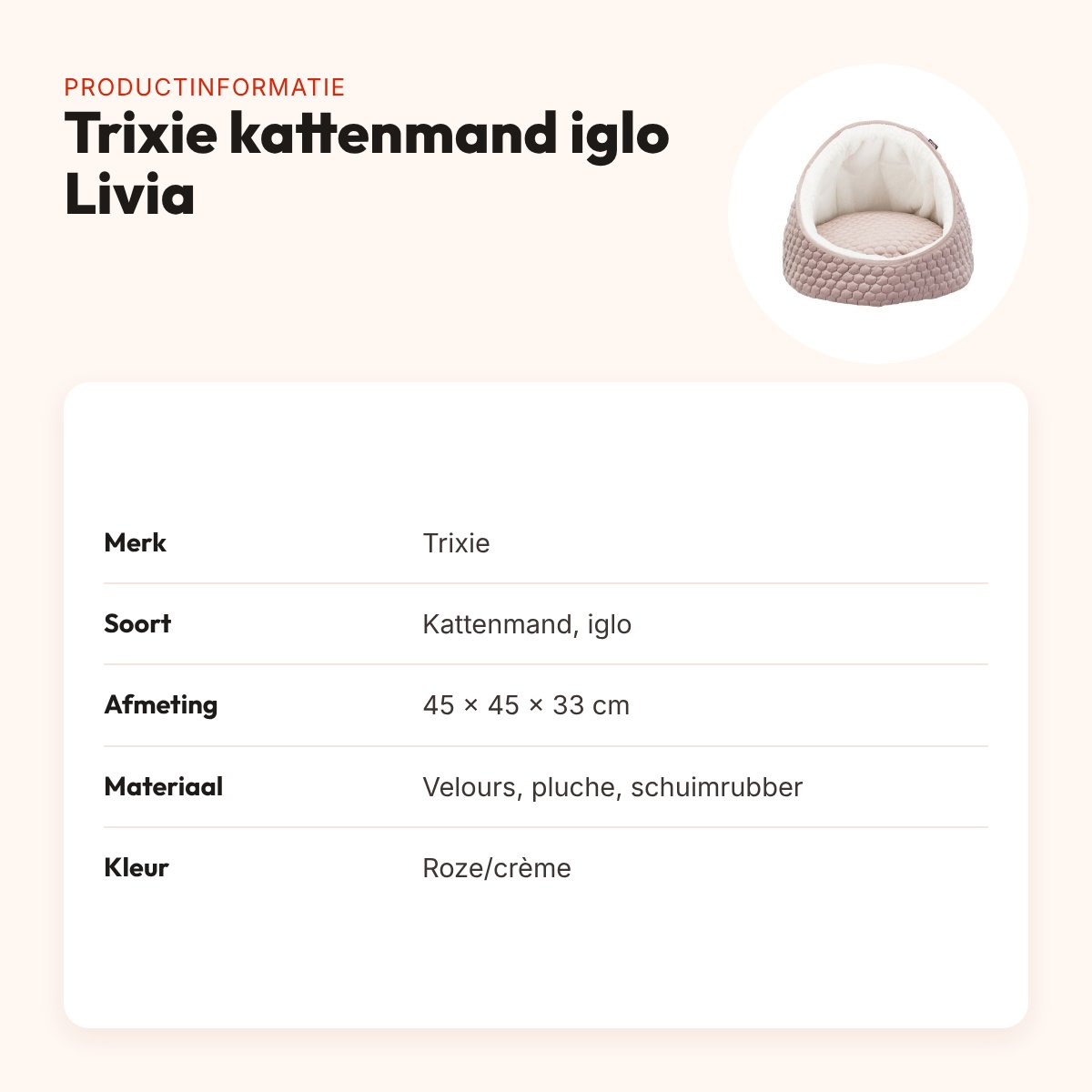 Trixie kattenmand iglo Livia roze/crème 45 x 45 x 33 cm – velours en pluche – productinformatie