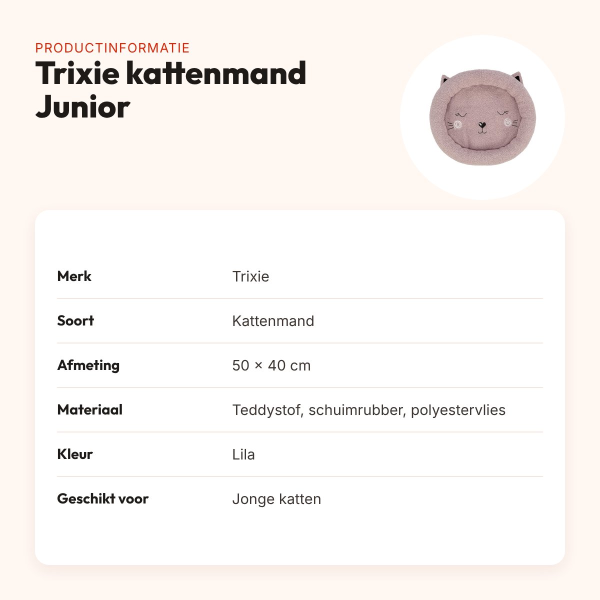 Trixie kattenmand Junior lila 50 x 40 cm – teddystof, voor jonge katten – productinformatie