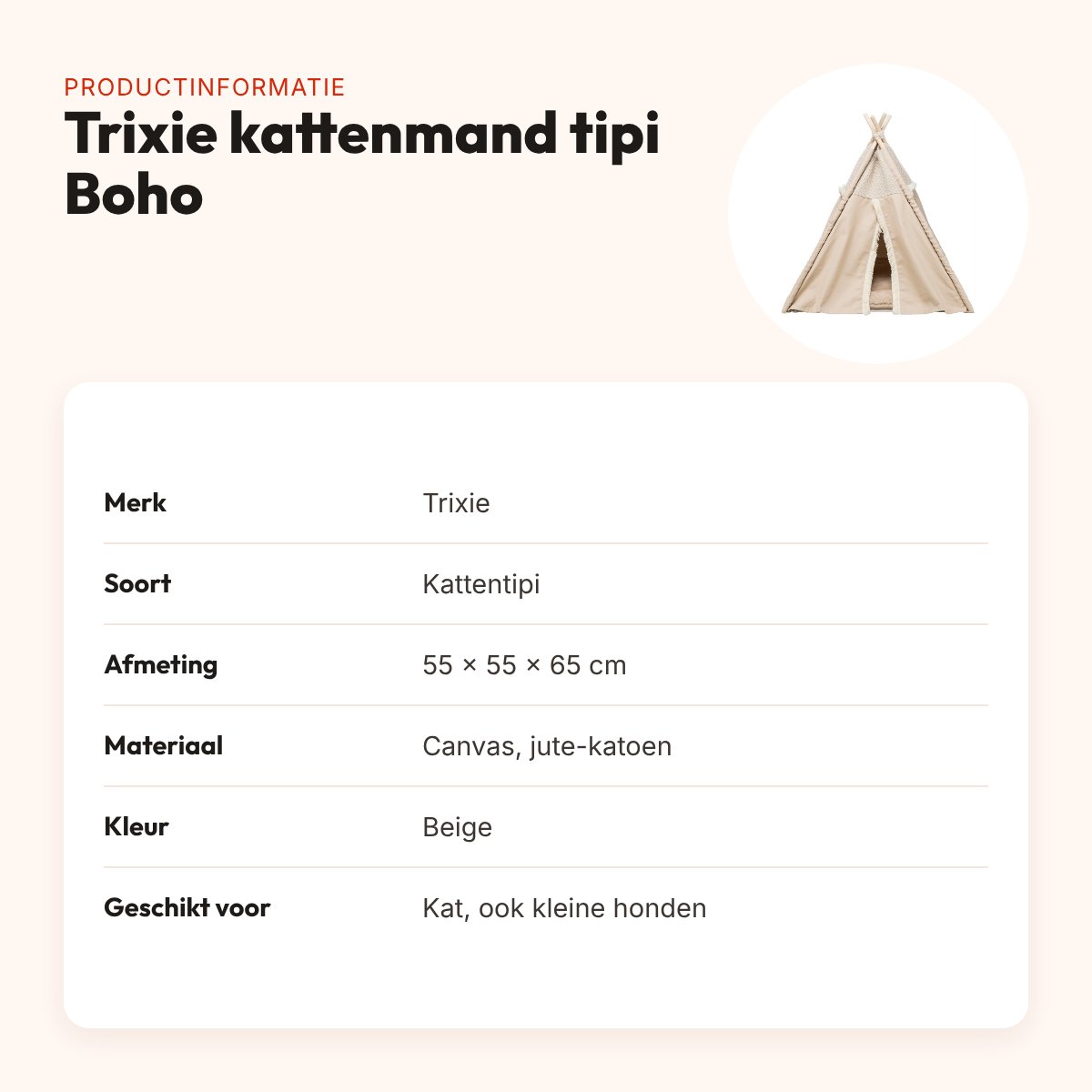 Trixie kattenmand tipi Boho beige 55 x 55 x 65 cm – ook voor kleine honden – productinformatie