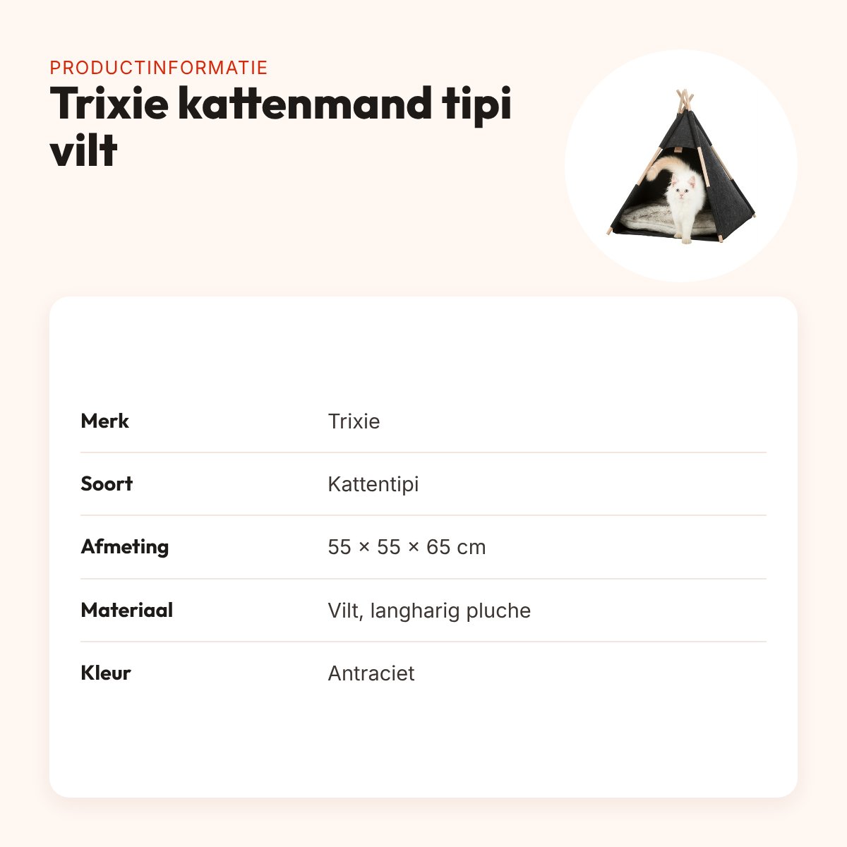 Trixie kattenmand tipi vilt antraciet 55 x 55 x 65 cm – langharig pluche – productinformatie