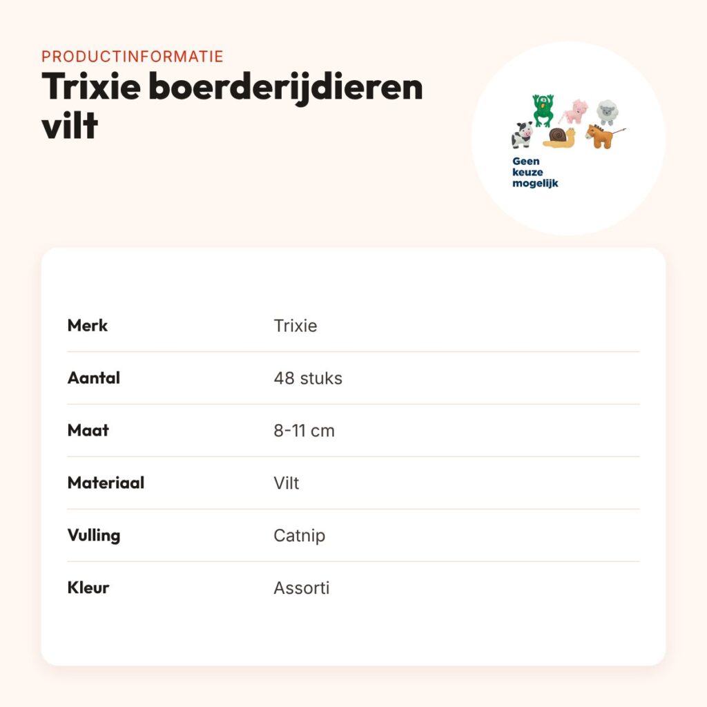 Trixie kattenspeelgoed boerderijdieren vilt met catnip 8-11 cm – 48 stuks – productinformatie