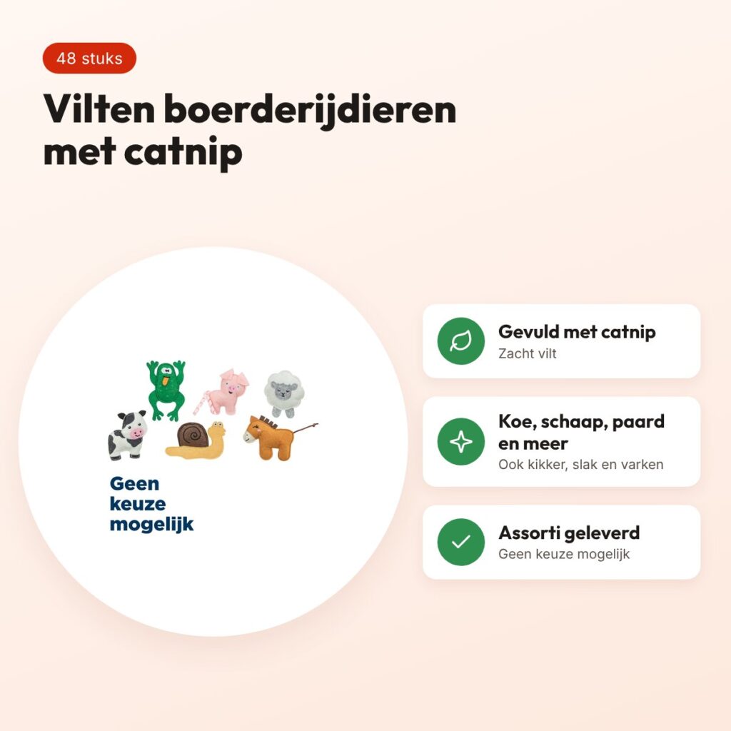 Trixie kattenspeelgoed boerderijdieren vilt met catnip 8-11 cm – 48 stuks – voordelen