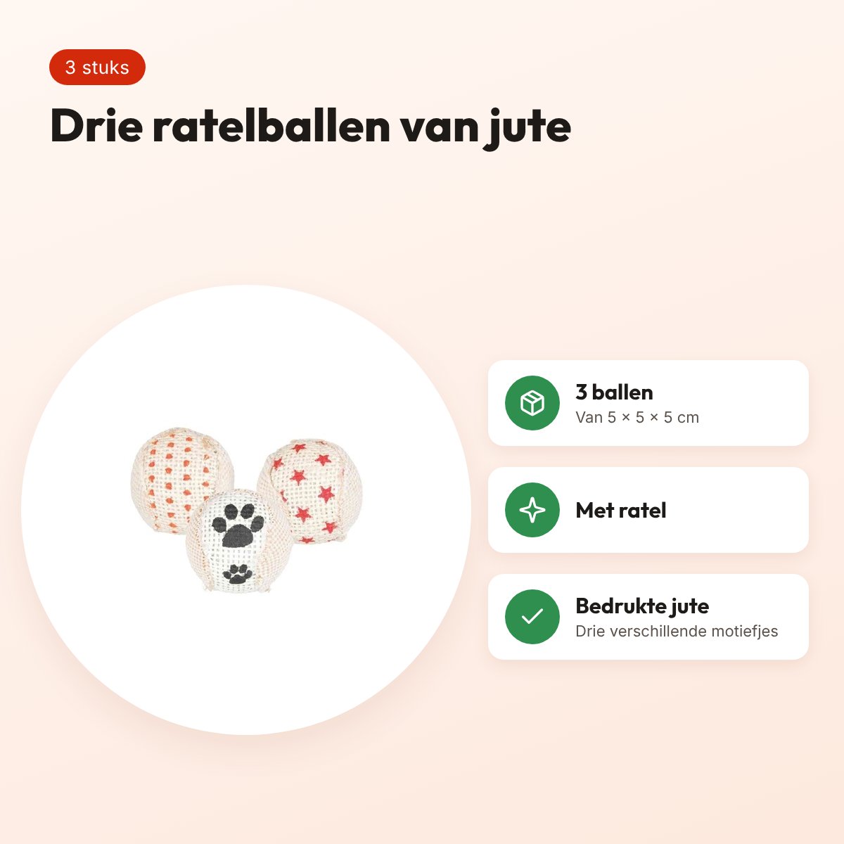 Trixie kattenspeelgoed ratelballen jute 5 x 5 x 5 cm – 3 stuks – voordelen