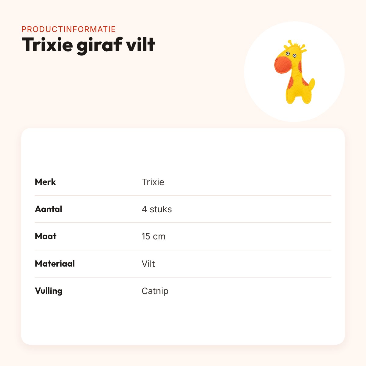 Trixie kattenspeeltje giraf vilt met catnip 15 cm – 4 stuks – productinformatie