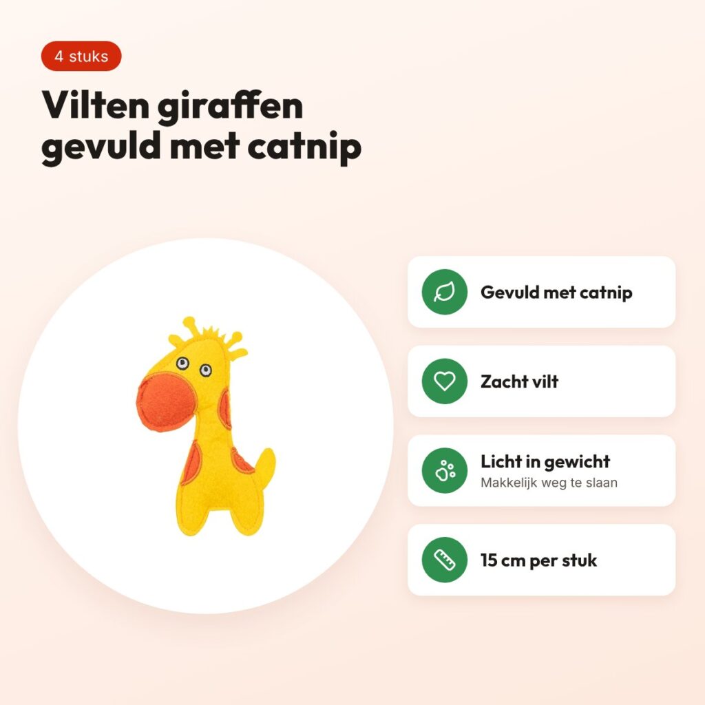 Trixie kattenspeeltje giraf vilt met catnip 15 cm – 4 stuks – voordelen