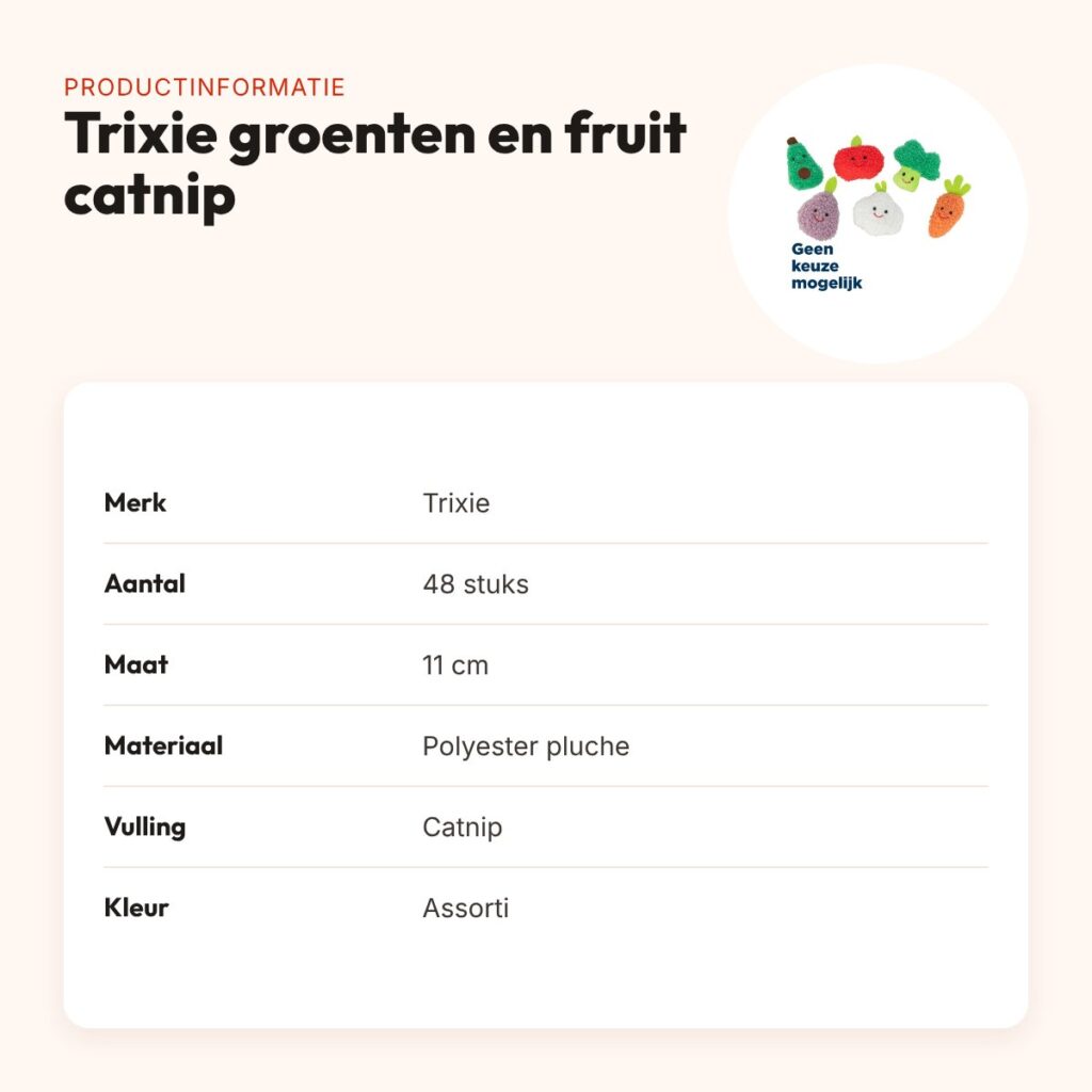 Trixie kattenspeeltje groenten en fruit pluche met catnip 11 cm – 48 stuks – productinformatie