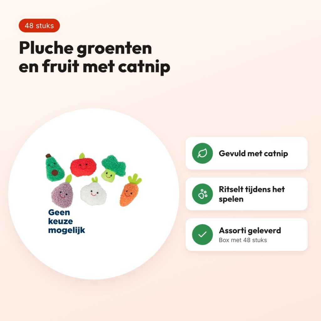 Trixie kattenspeeltje groenten en fruit pluche met catnip 11 cm – 48 stuks – voordelen