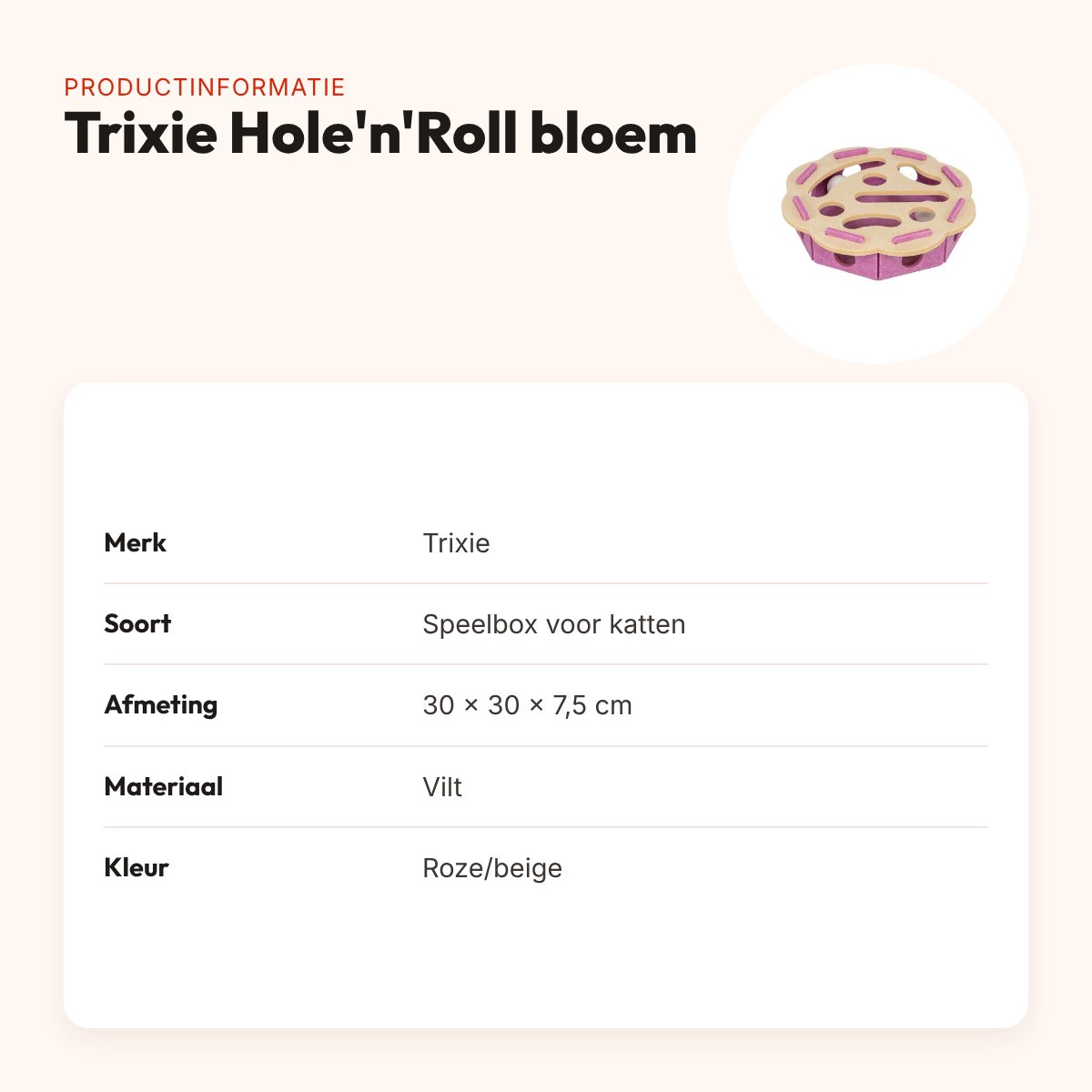 Trixie kattenspeeltje Hole'n'Roll bloem vilt roze/beige 30 x 30 x 7,5 cm – productinformatie