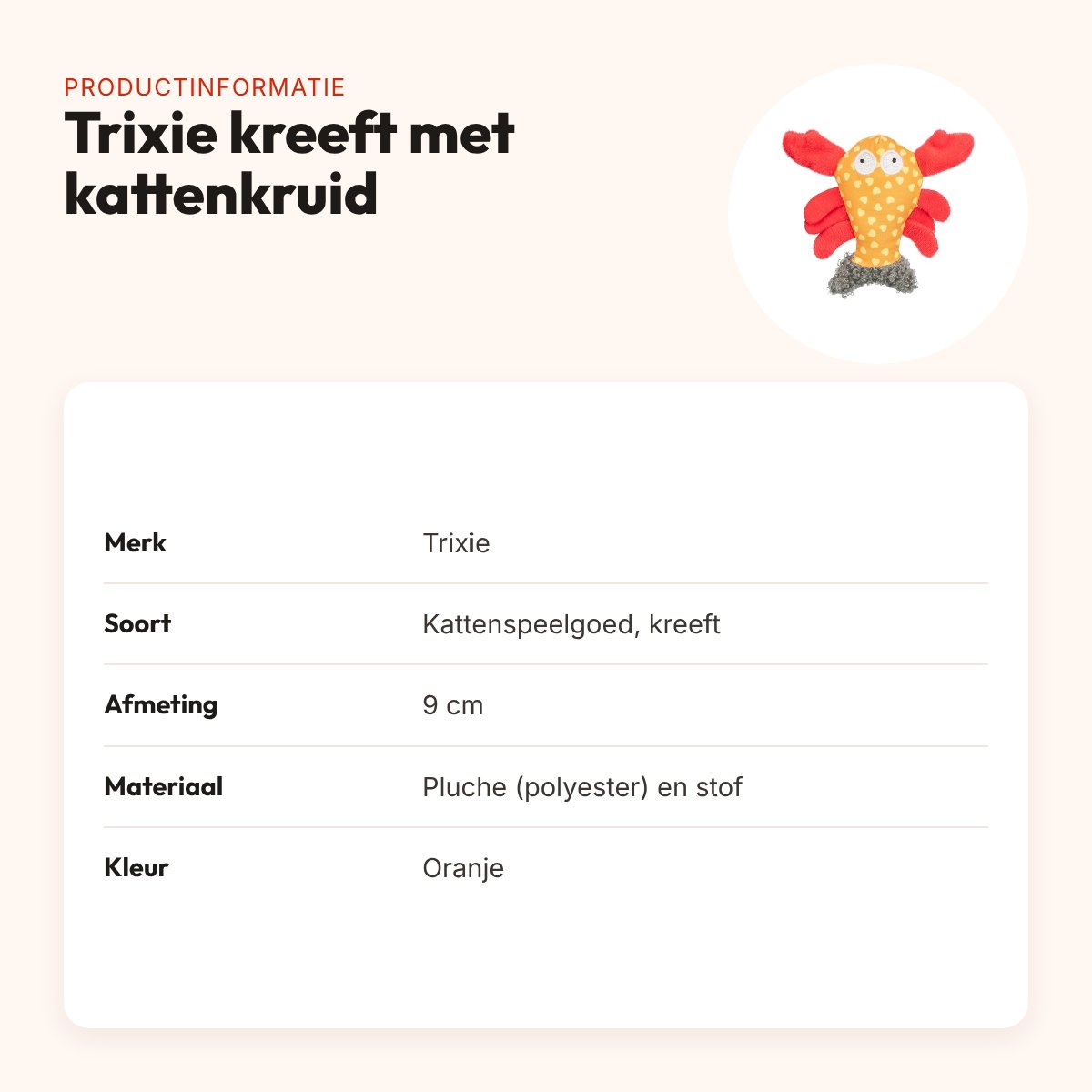 Trixie kattenspeeltje kreeft pluche/stof met kattenkruid oranje 9 cm – productinformatie