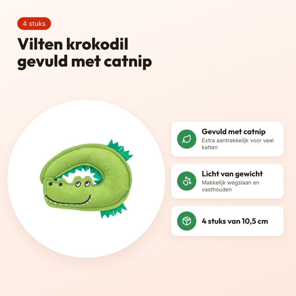 Trixie kattenspeeltje krokodil vilt met catnip 10,5 cm, 4 stuks – voordelen