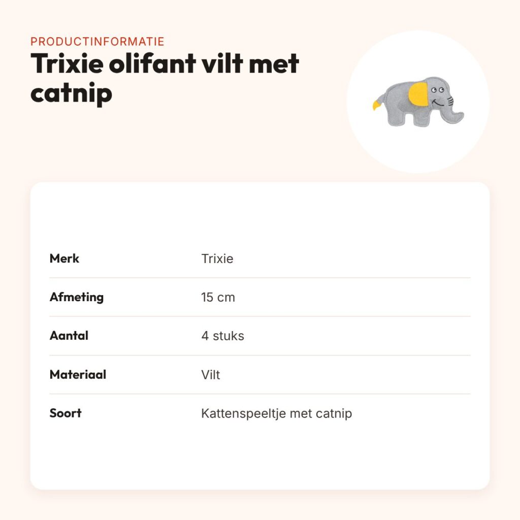 Trixie kattenspeeltje olifant vilt met catnip 15 cm, 4 stuks – productinformatie