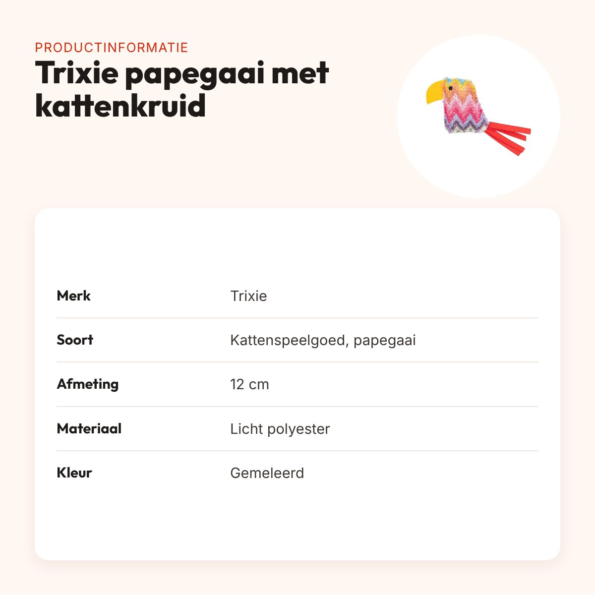 Trixie kattenspeeltje papegaai met kattenkruid gemeleerde kleuren 12 cm – productinformatie