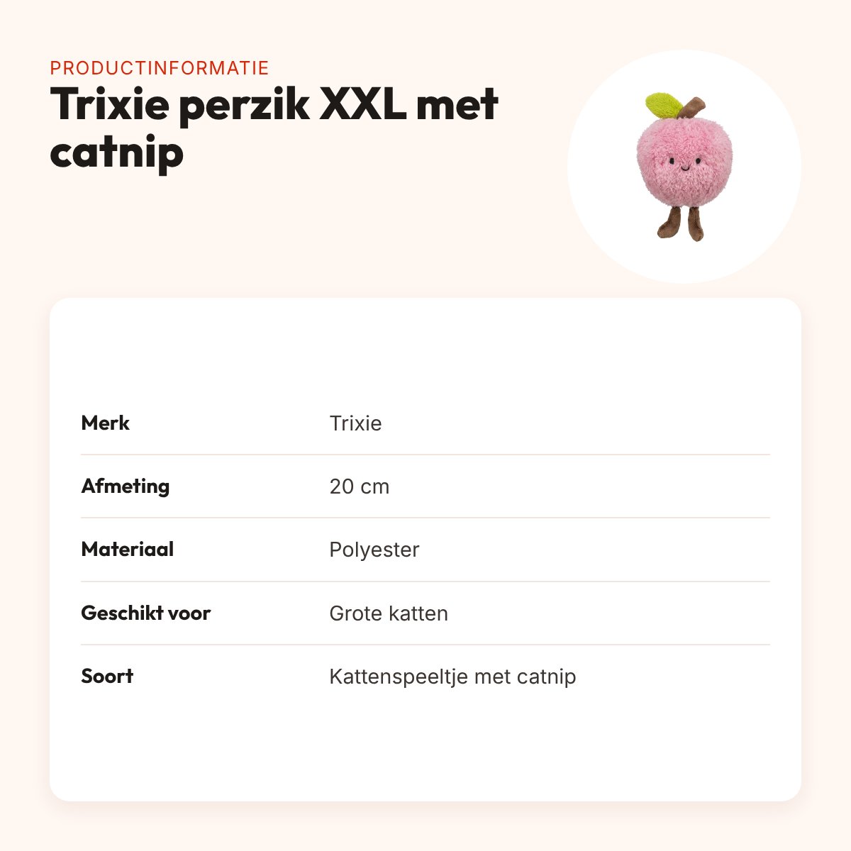 Trixie kattenspeeltje perzik XXL pluche met Amerikaanse catnip 20 cm – productinformatie