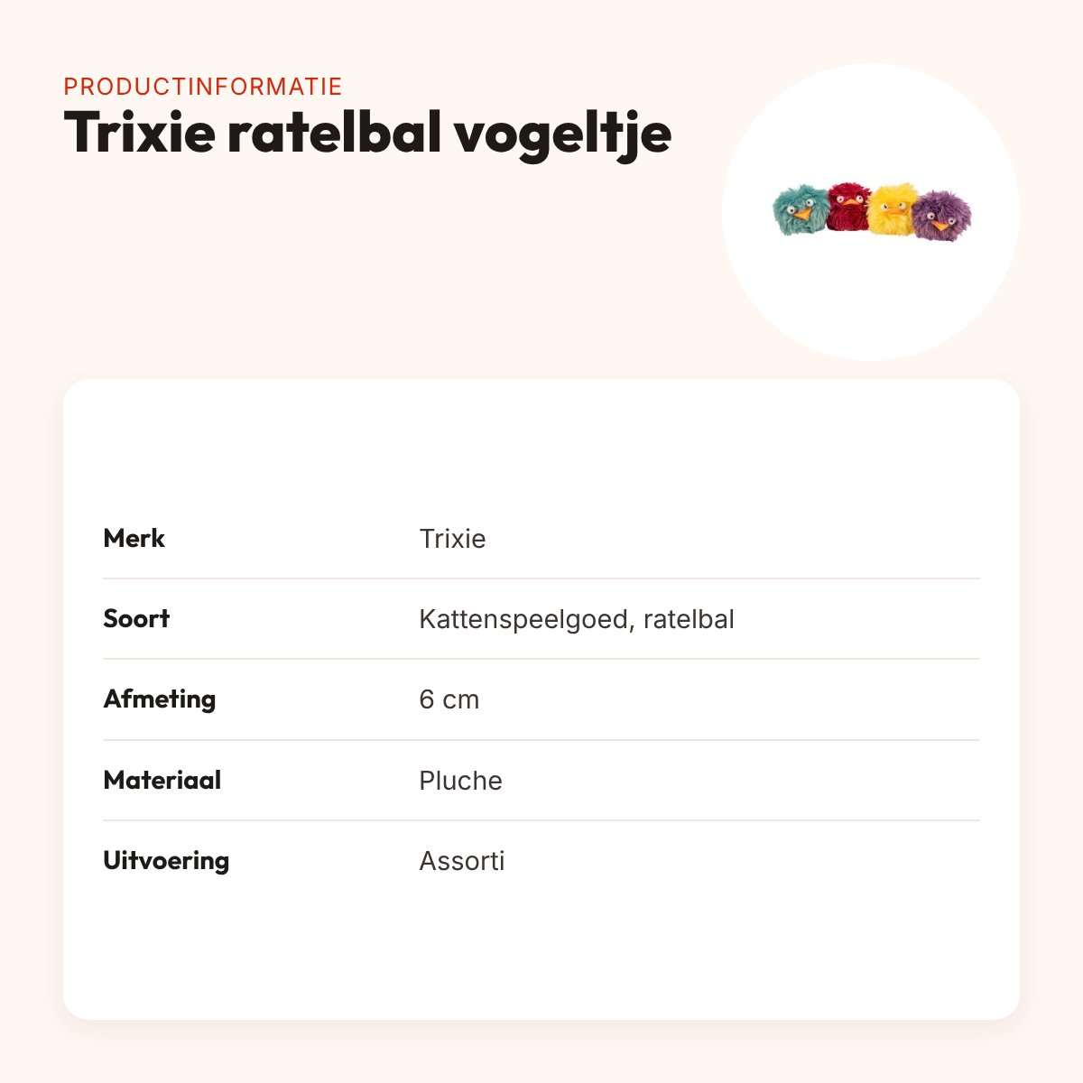 Trixie kattenspeeltje ratelbal pluche vogeltje assorti 6 cm – productinformatie