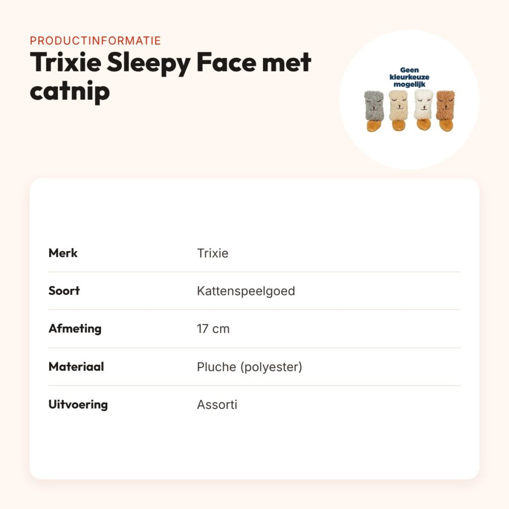 Trixie kattenspeeltje Sleepy Face pluche met catnip assorti 17 cm – productinformatie
