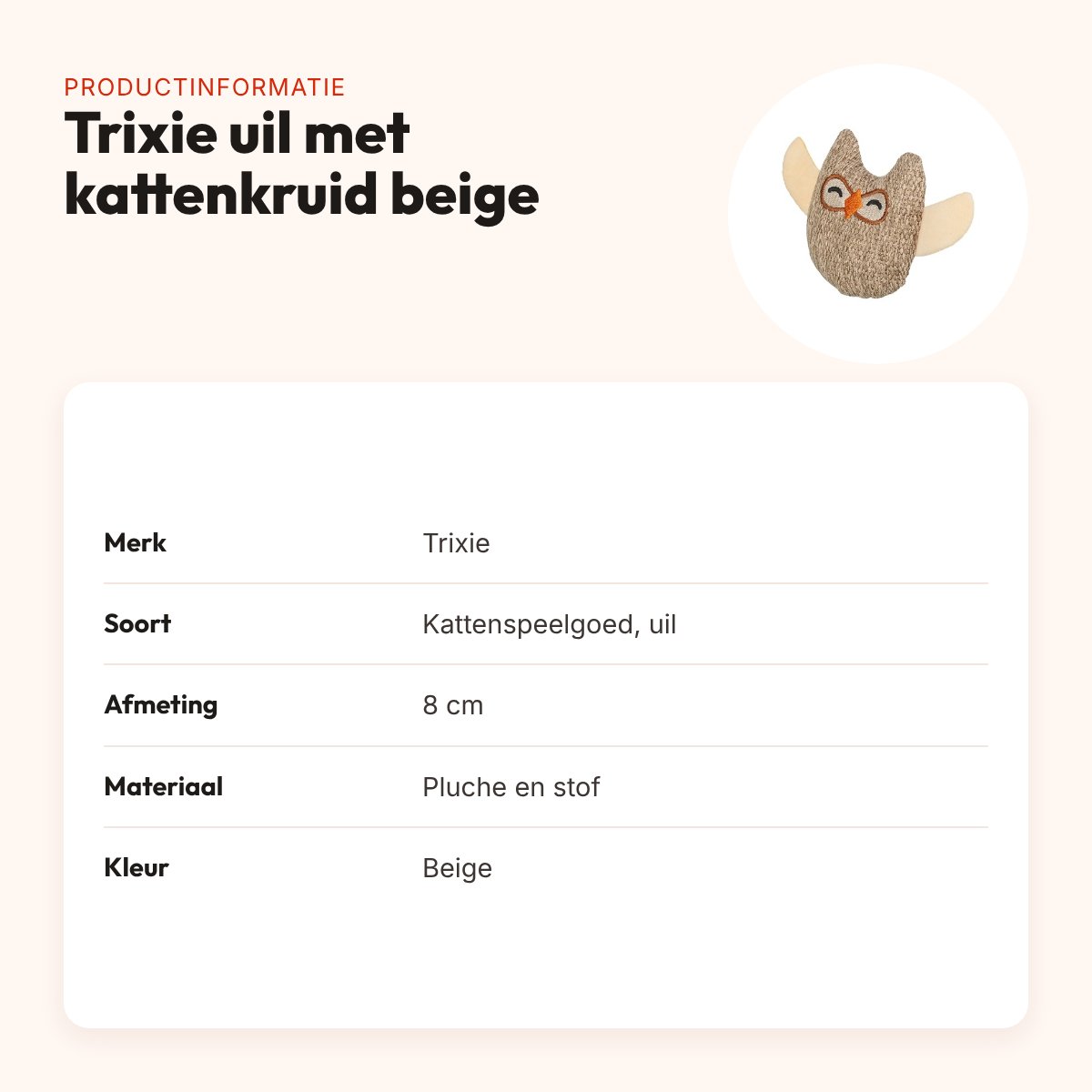 Trixie kattenspeeltje uil stof/pluche met kattenkruid beige 8 cm – productinformatie