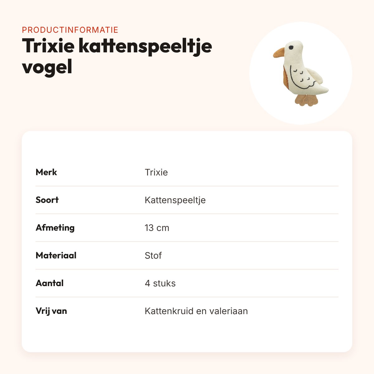 Trixie kattenspeeltje vogel stof 13 cm – 4 stuks, zonder catnip – productinformatie