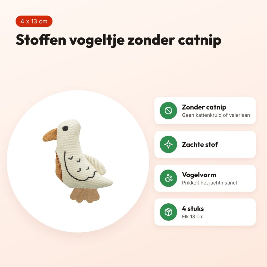 Trixie kattenspeeltje vogel stof 13 cm – 4 stuks, zonder catnip – voordelen