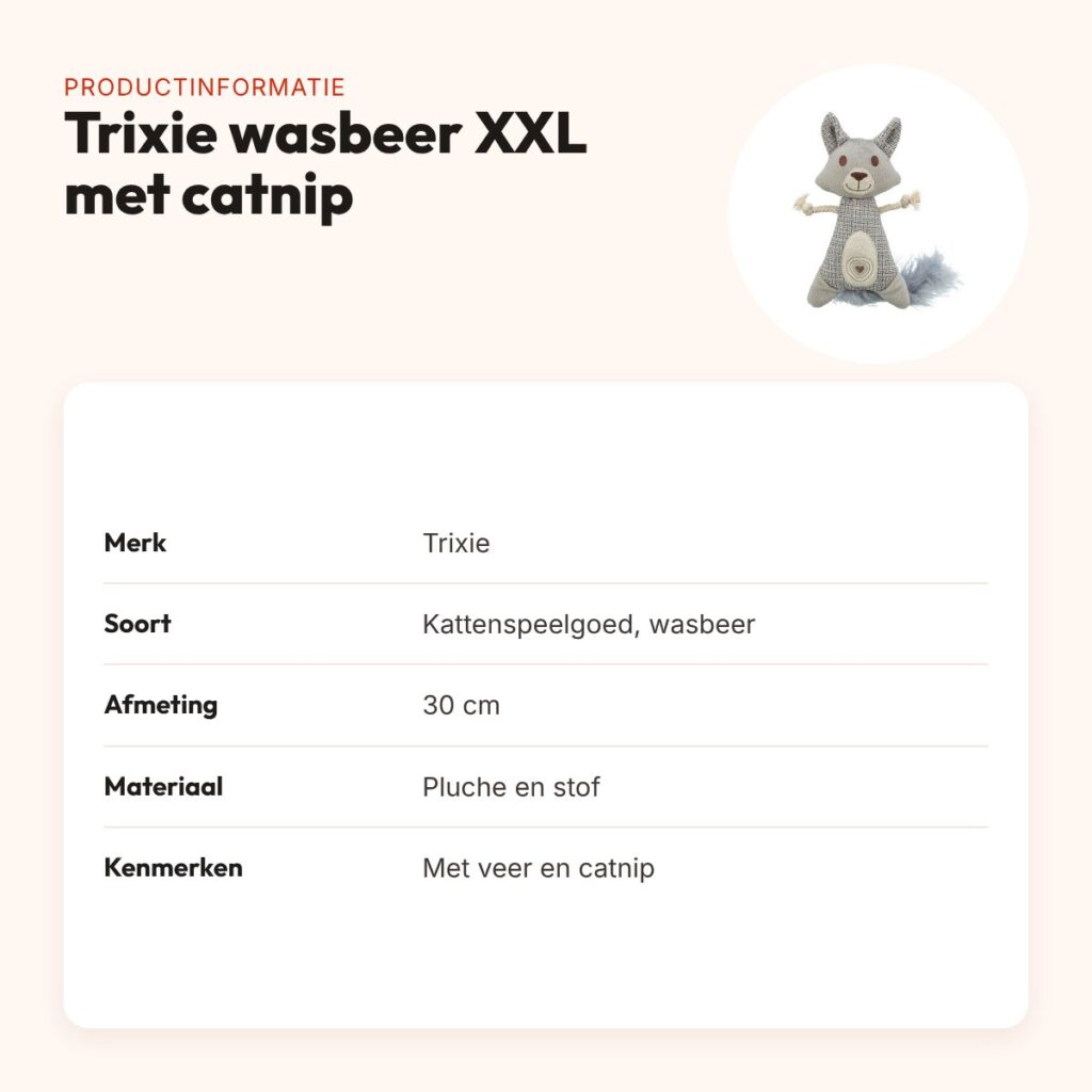 Trixie kattenspeeltje wasbeer XXL pluche/stof met veer en catnip 30 cm – productinformatie