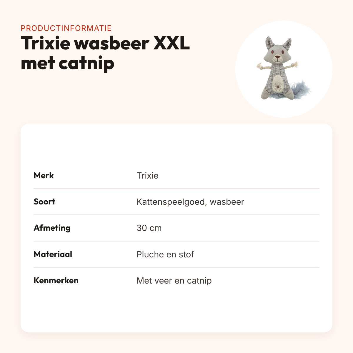 Trixie kattenspeeltje wasbeer XXL pluche/stof met veer en catnip 30 cm – productinformatie