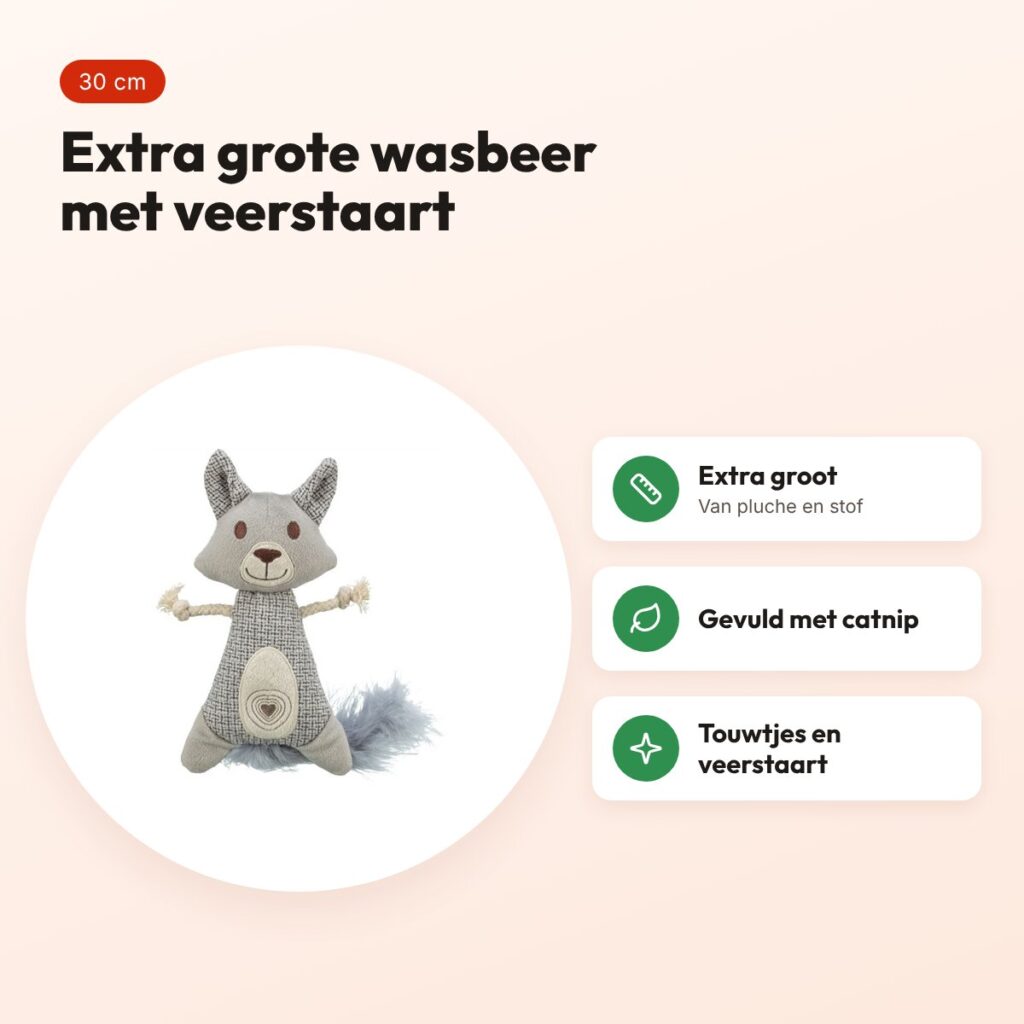 Trixie kattenspeeltje wasbeer XXL pluche/stof met veer en catnip 30 cm – voordelen