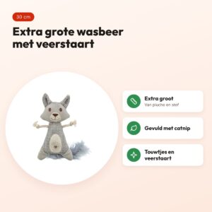 Trixie kattenspeeltje wasbeer XXL pluche/stof met veer en catnip 30 cm – voordelen