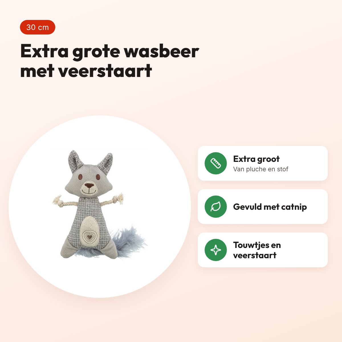 Trixie kattenspeeltje wasbeer XXL pluche/stof met veer en catnip 30 cm – voordelen