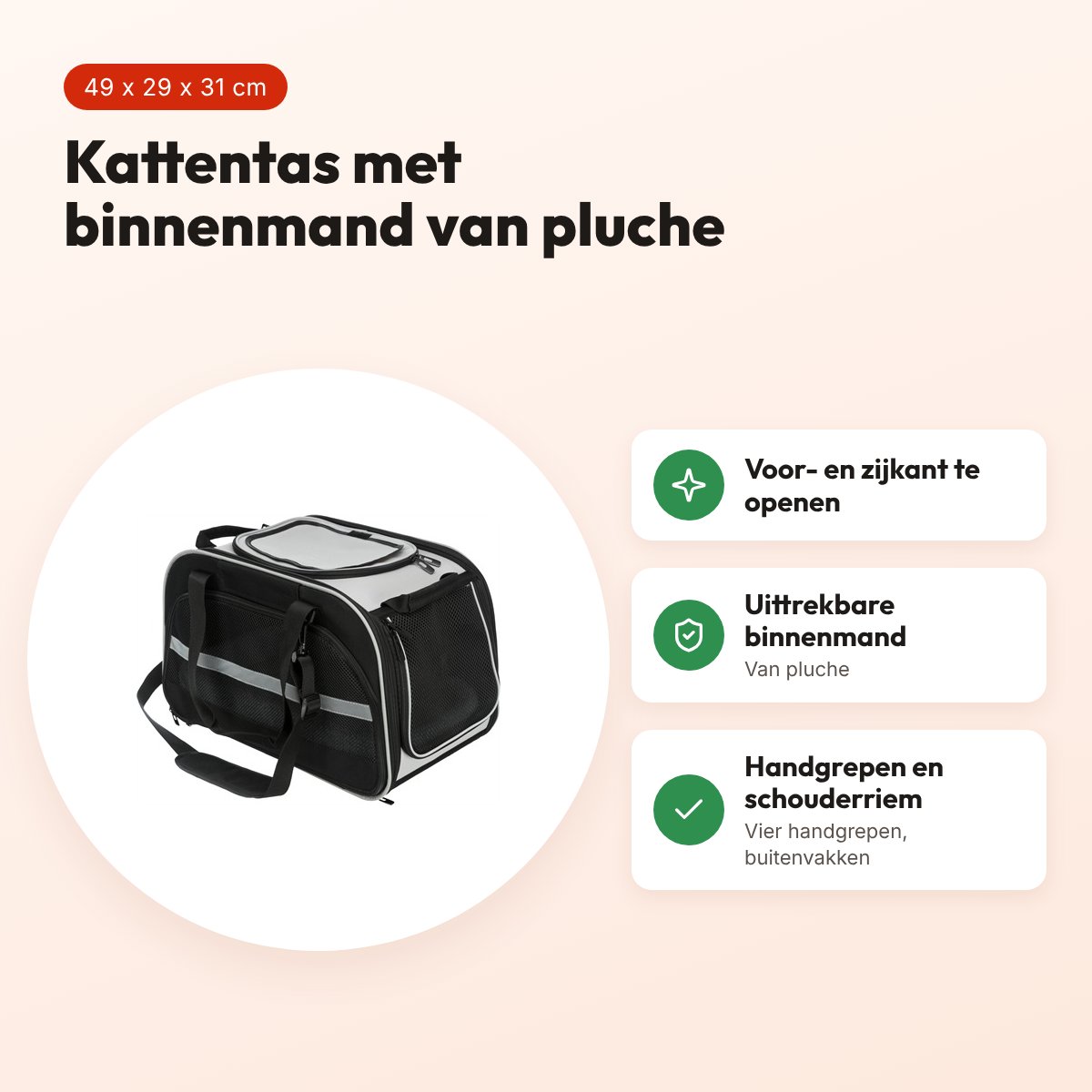 Trixie kattentas Valery zwart/grijs 49 x 29 x 31 cm – draagtas, schuilplek – voordelen