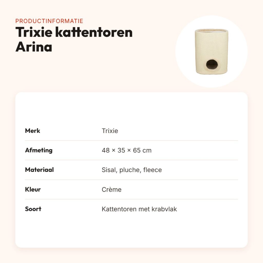 Trixie kattentoren Arina crème 48 x 35 x 65 cm – met sisal krabvlak – productinformatie