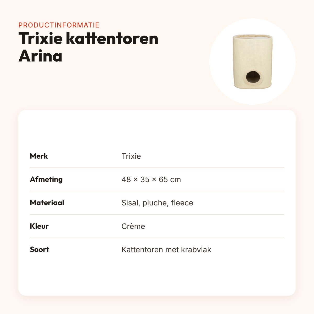 Trixie kattentoren Arina crème 48 x 35 x 65 cm – met sisal krabvlak – productinformatie