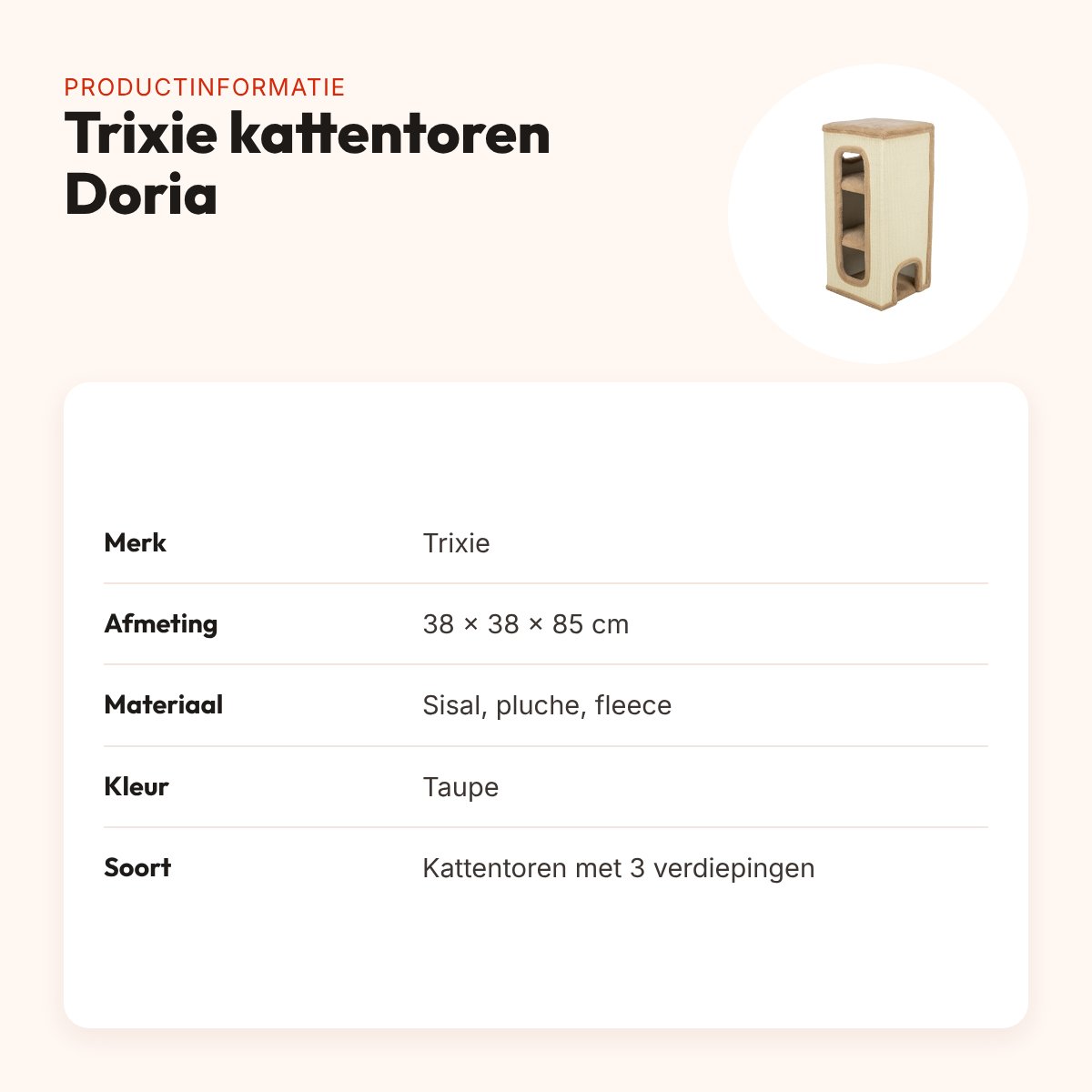 Trixie kattentoren Doria taupe 38 x 38 x 85 cm – drie verdiepingen – productinformatie