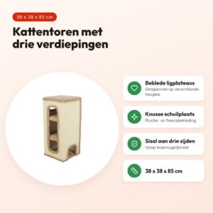Trixie kattentoren Doria taupe 38 x 38 x 85 cm – drie verdiepingen – voordelen
