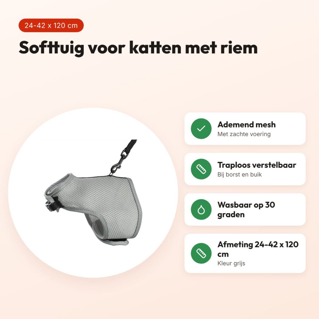 Trixie kattentuig softtuig met riem grijs 24-42 x 120 cm – ademend mesh – voordelen