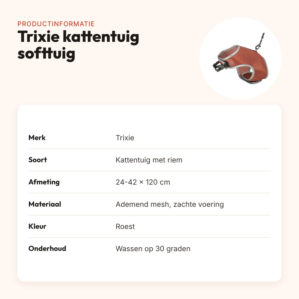 Trixie kattentuig softtuig met riem roest 24-42 x 120 cm – ademend mesh – productinformatie