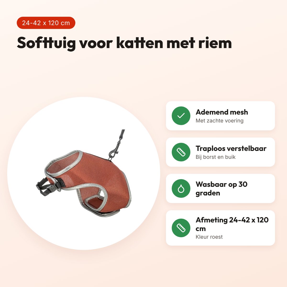Trixie kattentuig softtuig met riem roest 24-42 x 120 cm – ademend mesh – voordelen