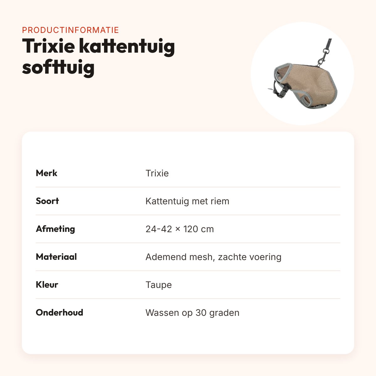 Trixie kattentuig softtuig met riem taupe 24-42 x 120 cm – ademend mesh – productinformatie