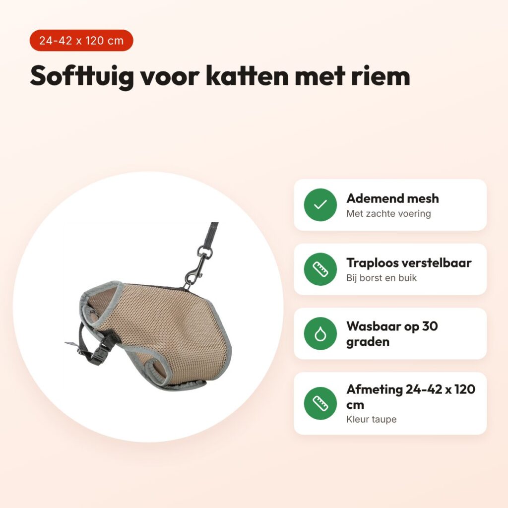 Trixie kattentuig softtuig met riem taupe 24-42 x 120 cm – ademend mesh – voordelen