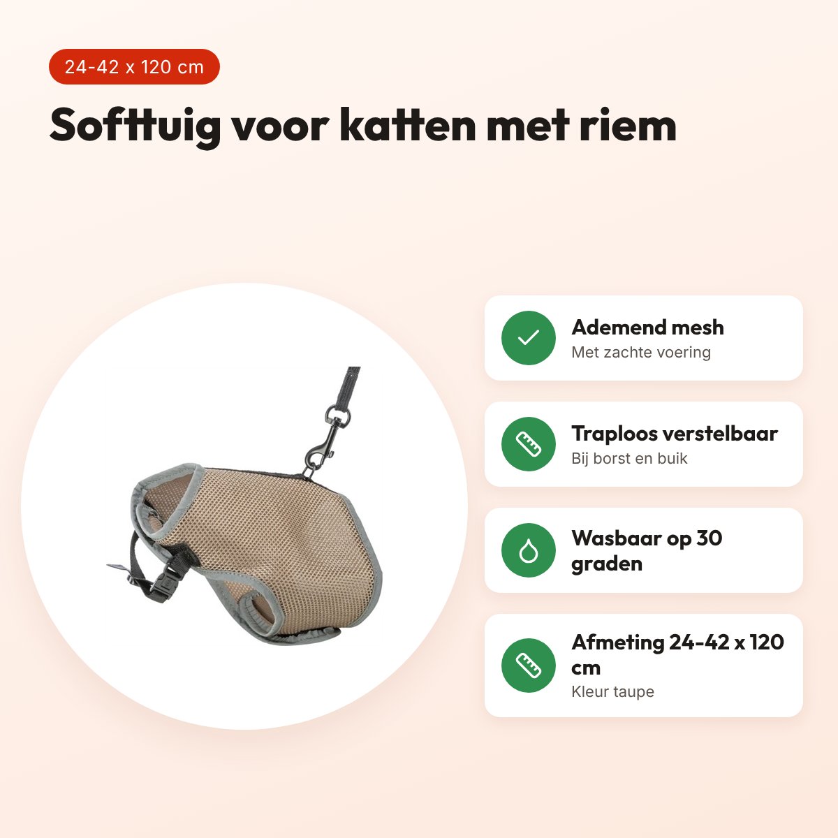 Trixie kattentuig softtuig met riem taupe 24-42 x 120 cm – ademend mesh – voordelen