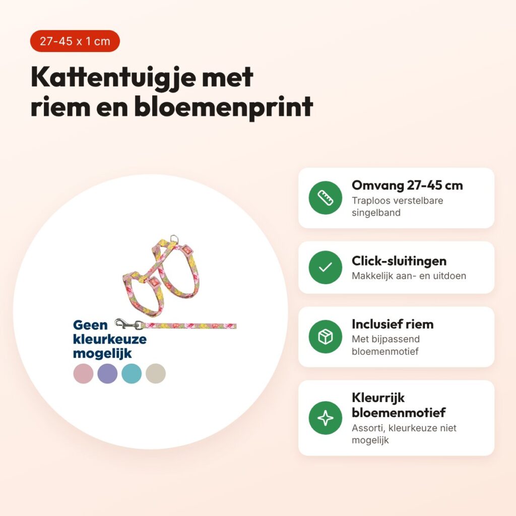 Trixie kattentuigje met riem bloemenmotief assorti 27-45 x 1 cm – voordelen