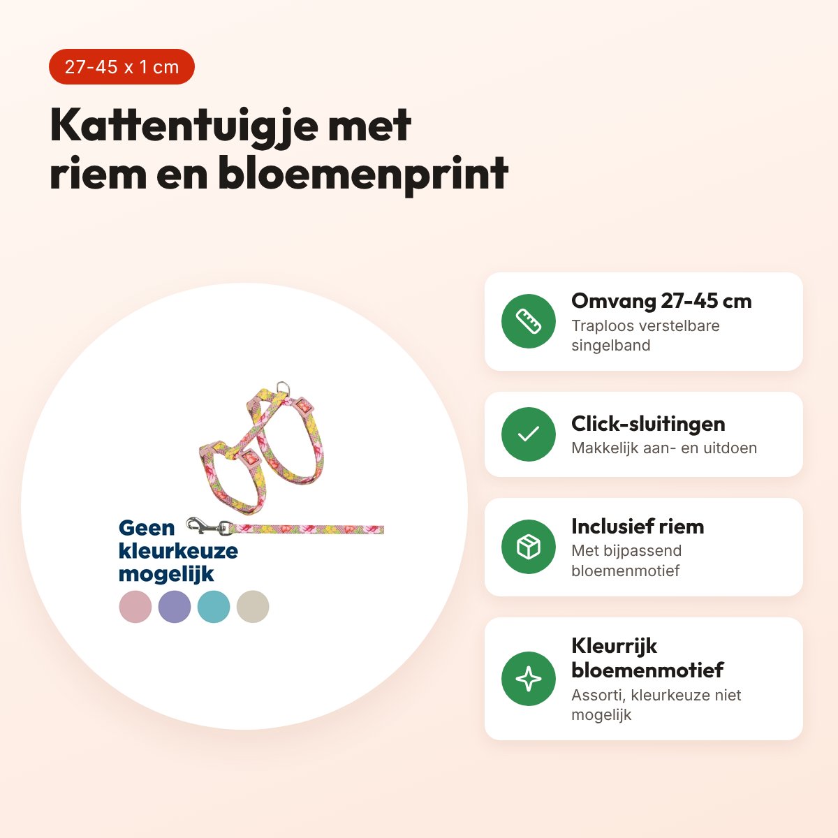 Trixie kattentuigje met riem bloemenmotief assorti 27-45 x 1 cm – voordelen