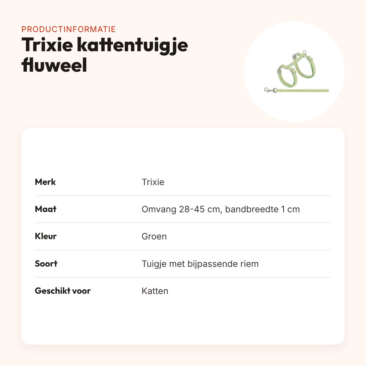 Trixie kattentuigje met riem fluweel groen 28-45 x 1 cm – productinformatie
