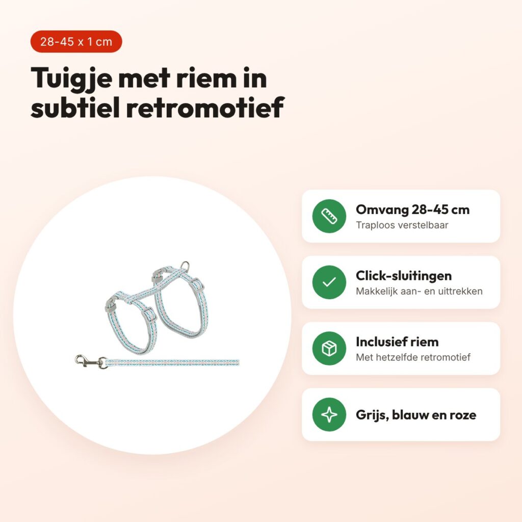 Trixie kattentuigje met riem retro motief grijs/blauw 28-45 x 1 cm – voordelen