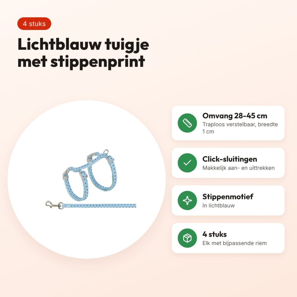 Trixie kattentuigje met riem stippen blauw 28-45 x 1 cm, 4 stuks – voordelen