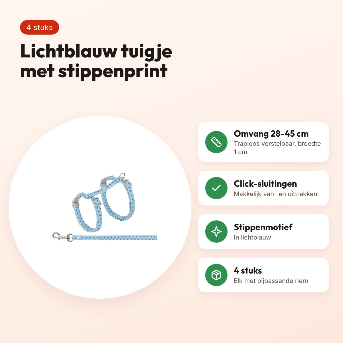 Trixie kattentuigje met riem stippen blauw 28-45 x 1 cm, 4 stuks – voordelen